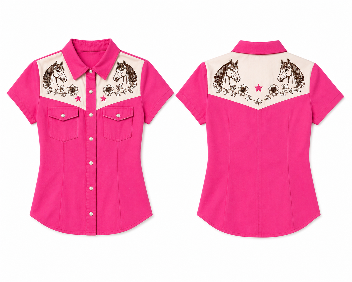 Pink short sleeve pearl snap with horse design