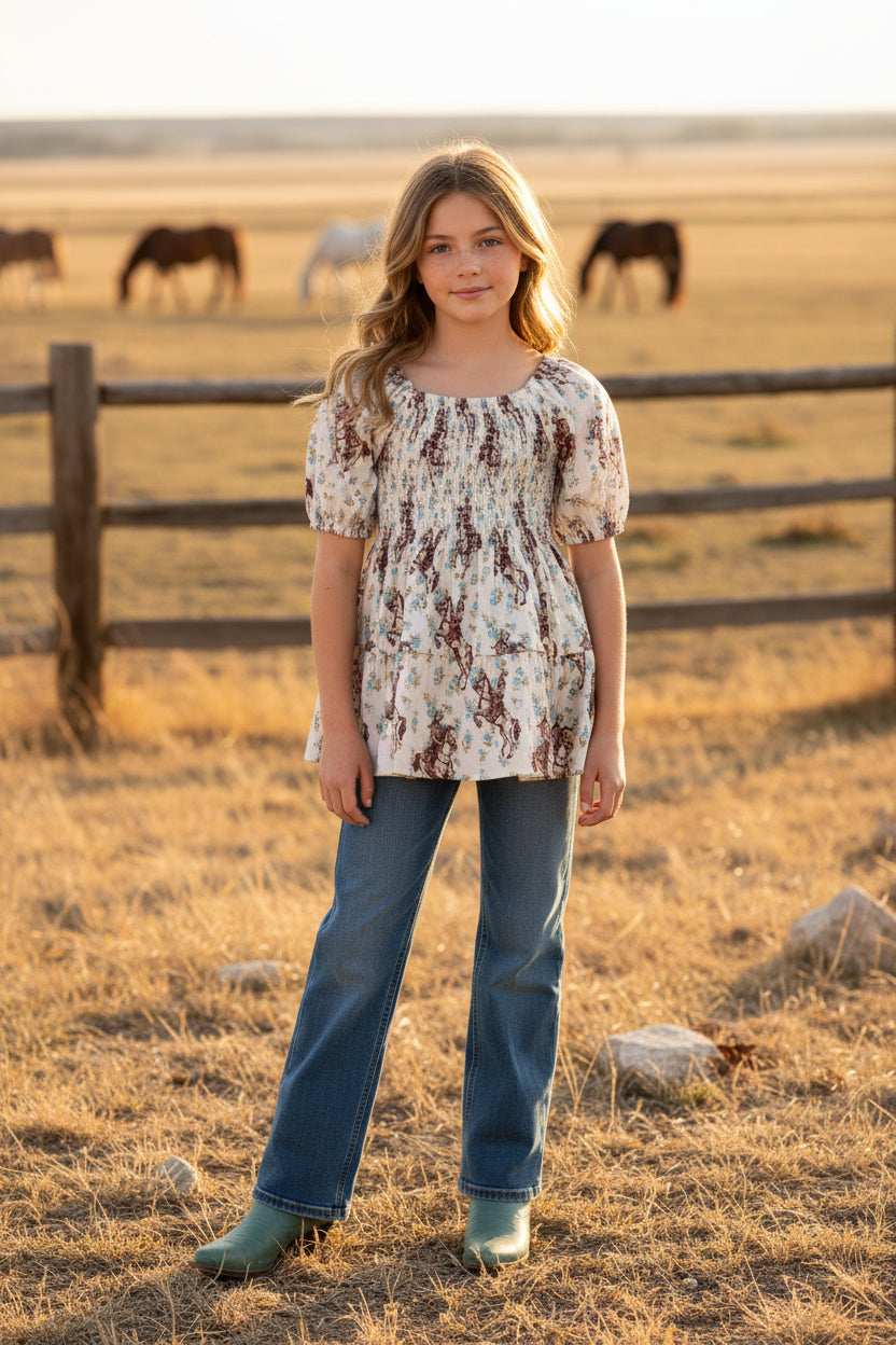 Ivory Floral Cowboy - Youth Smocked SS Top