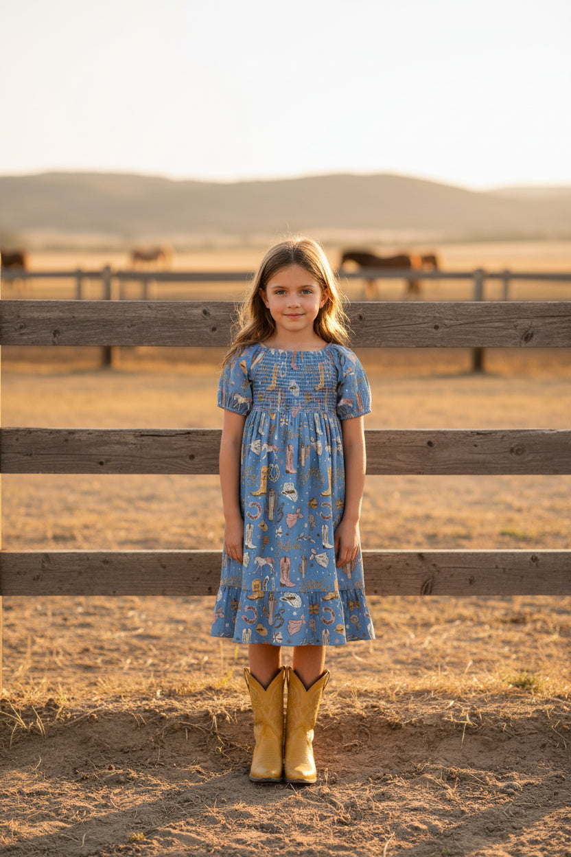 Blue Yee Haw - Youth Smocked SS Dress