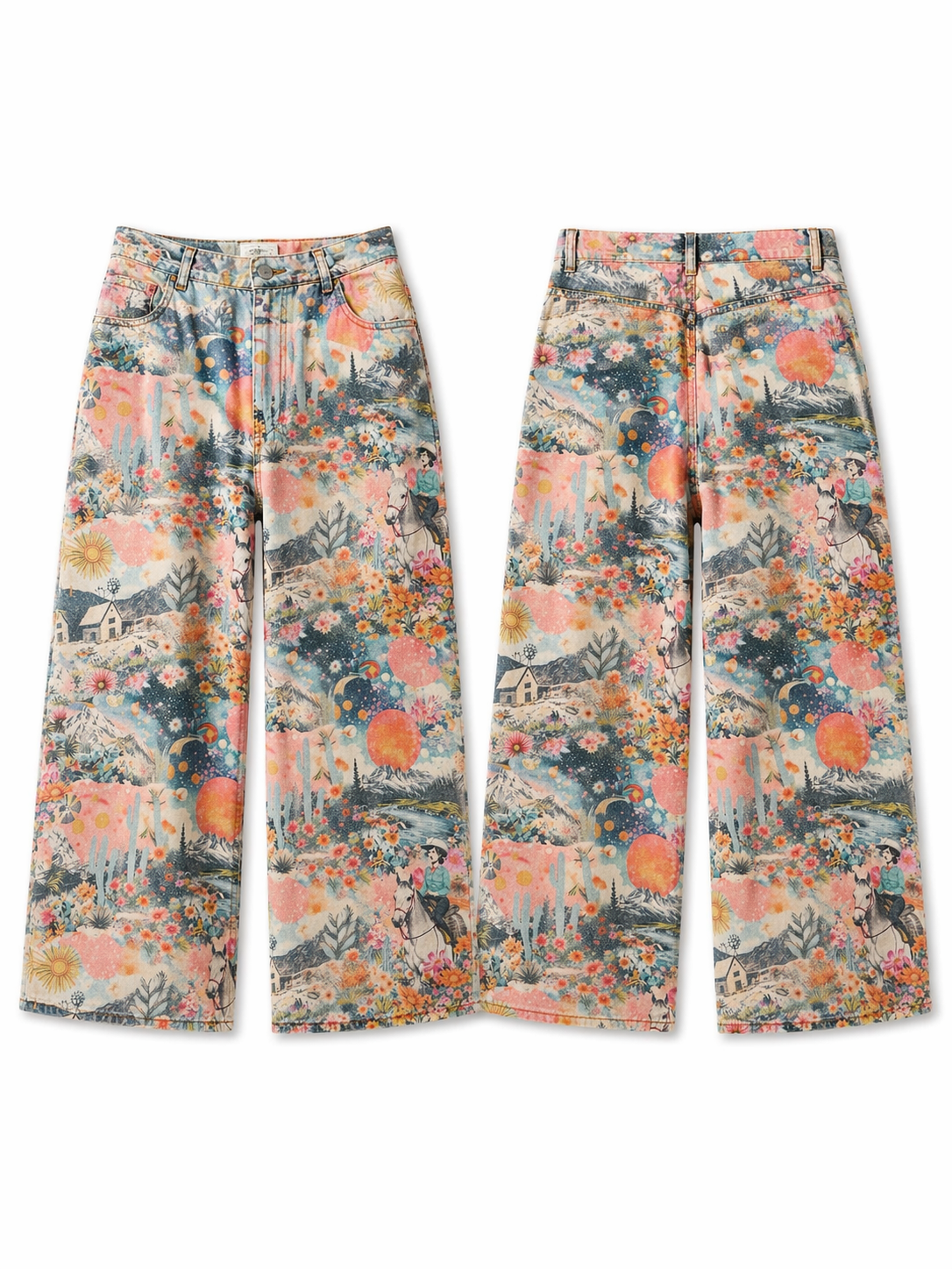 Pink western collage denim barrel pants front and back view