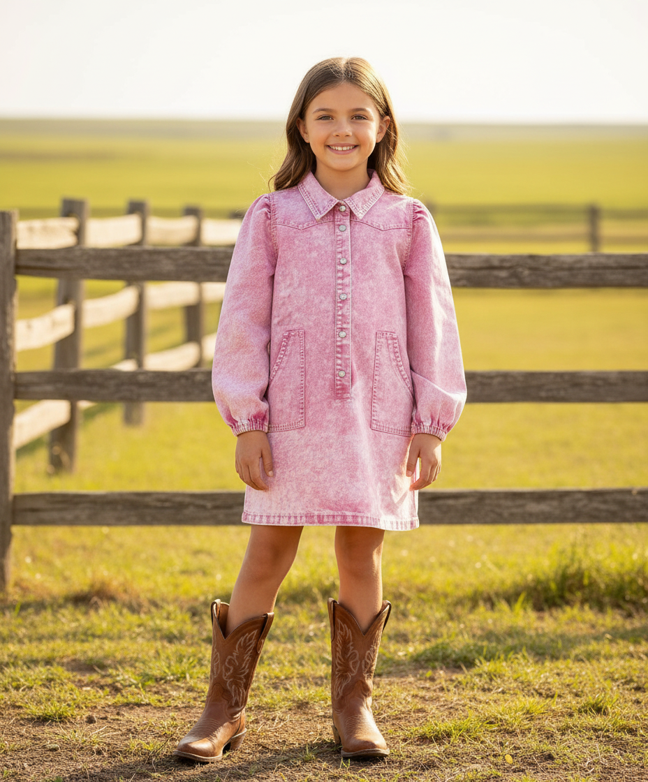 Vintage Pink - Toddler LS Pearl Snap Dress