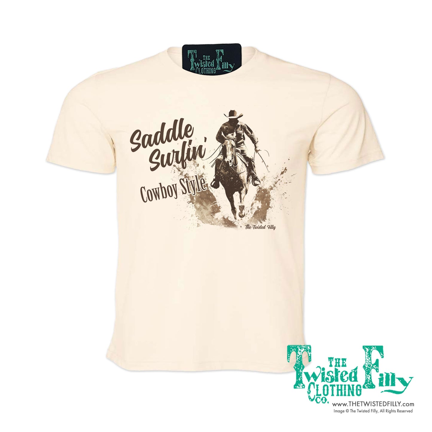 Saddle Surfin' Cowboy Style - S/S Mens Crew Neck Unisex Tee - Assorted Colors