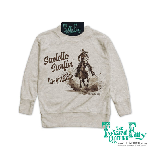 Saddle Surfin' Cowgirl Style - Youth Girls Pullover - Oatmeal