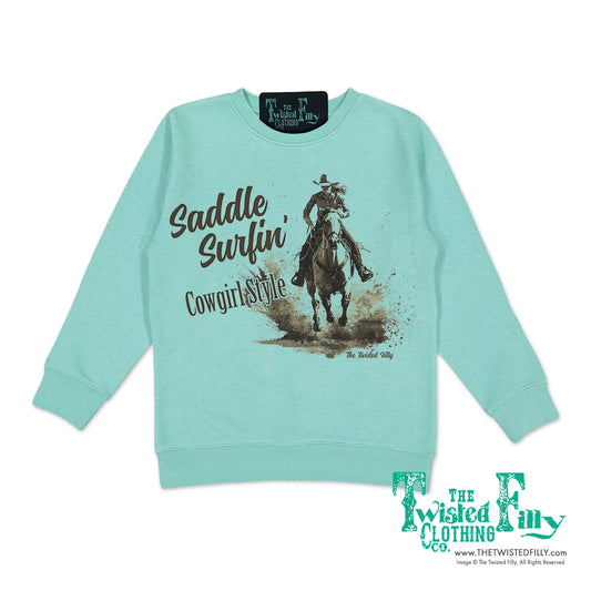 Saddle Surfin' Cowgirl Style - Youth Girls Sweatshirt - Assorted Colors