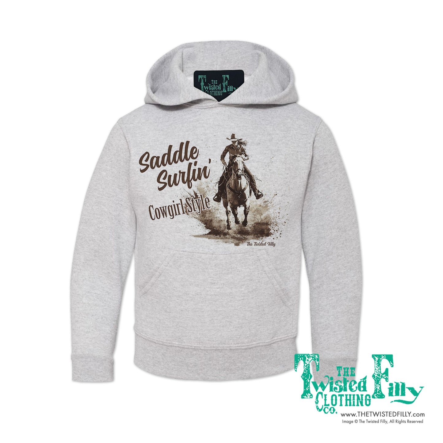 Saddle Surfin' Cowgirl Style - Youth Girls Hoodie - Assorted Colors