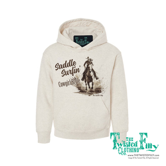 Saddle Surfin' Cowgirl Style - Youth Girls Hoodie - Assorted Colors