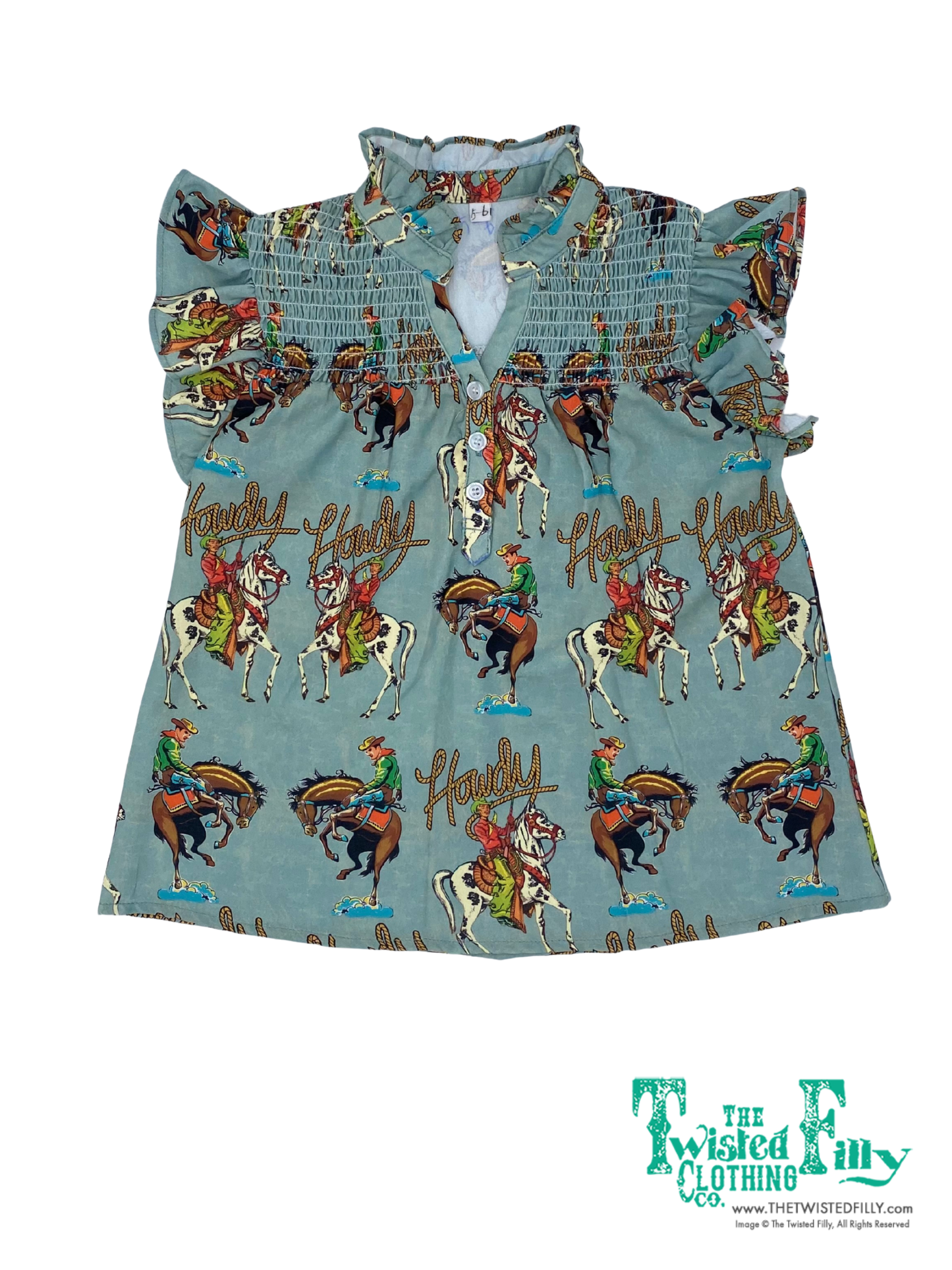 Teal Howdy - Youth Smocked Ruffle Sleeve Top