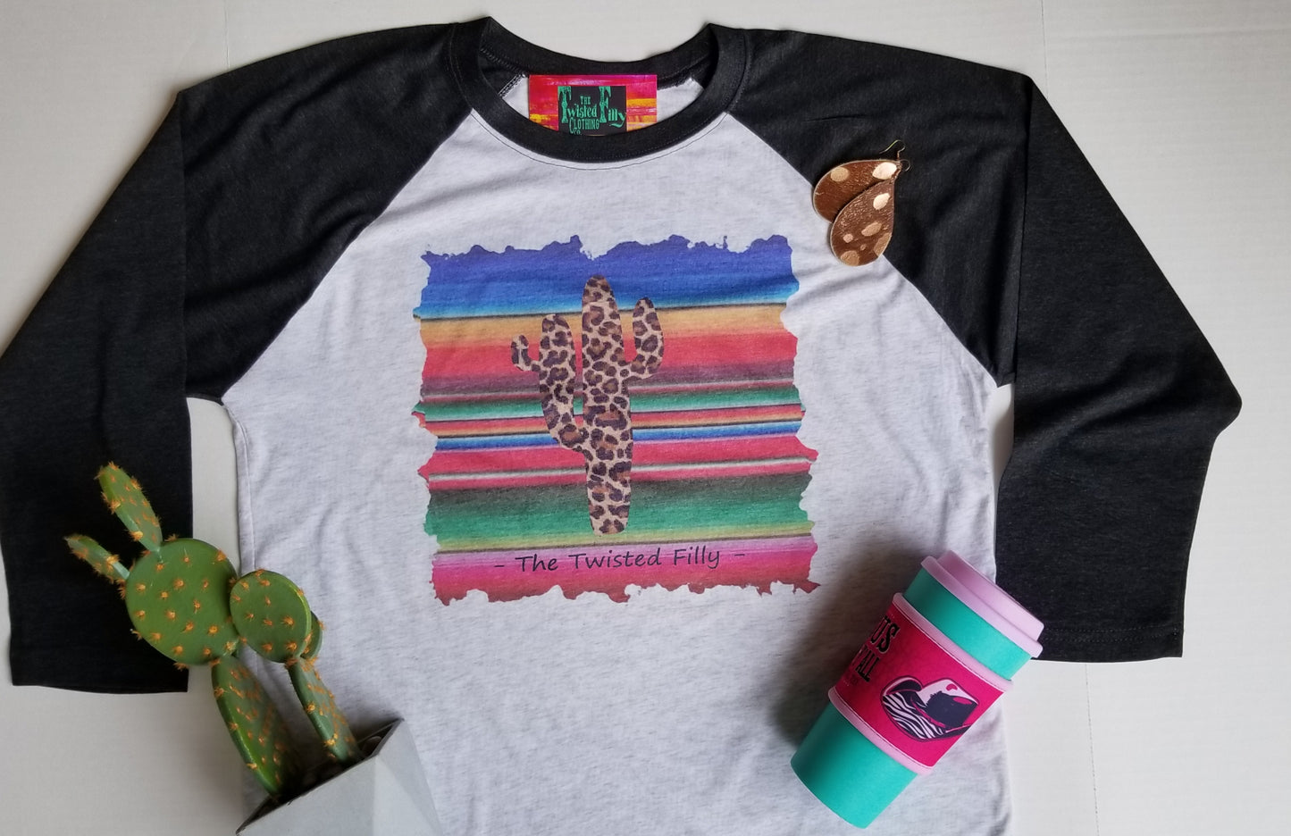 Serape & Cheetah Cactus - 3/4 Sleeve Adult Baseball Tee - Blk + Grey