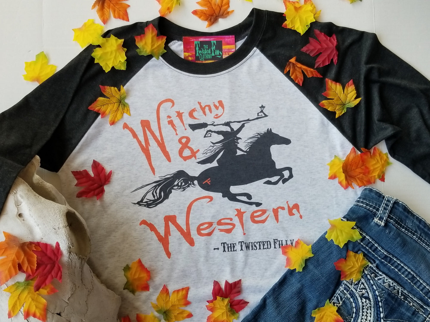 Witchy & Western - 3/4 Sleeve Adult Raglan Tee - Blk & Grey