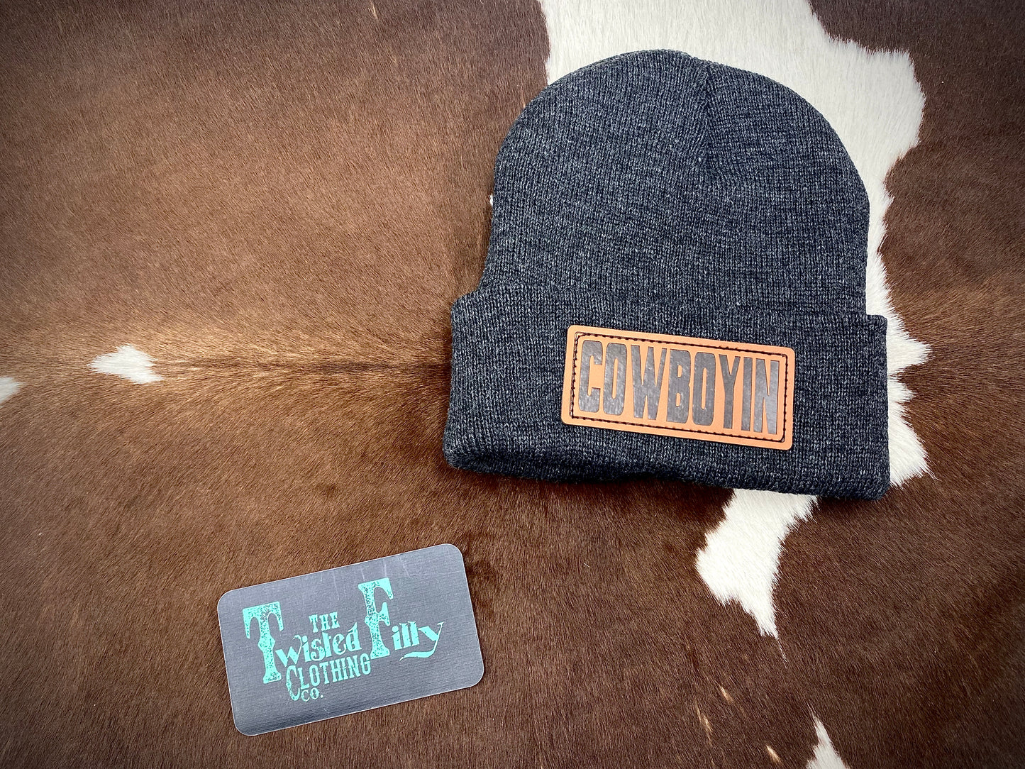 Cowboyin' Leather Patch Beanie - Charcoal