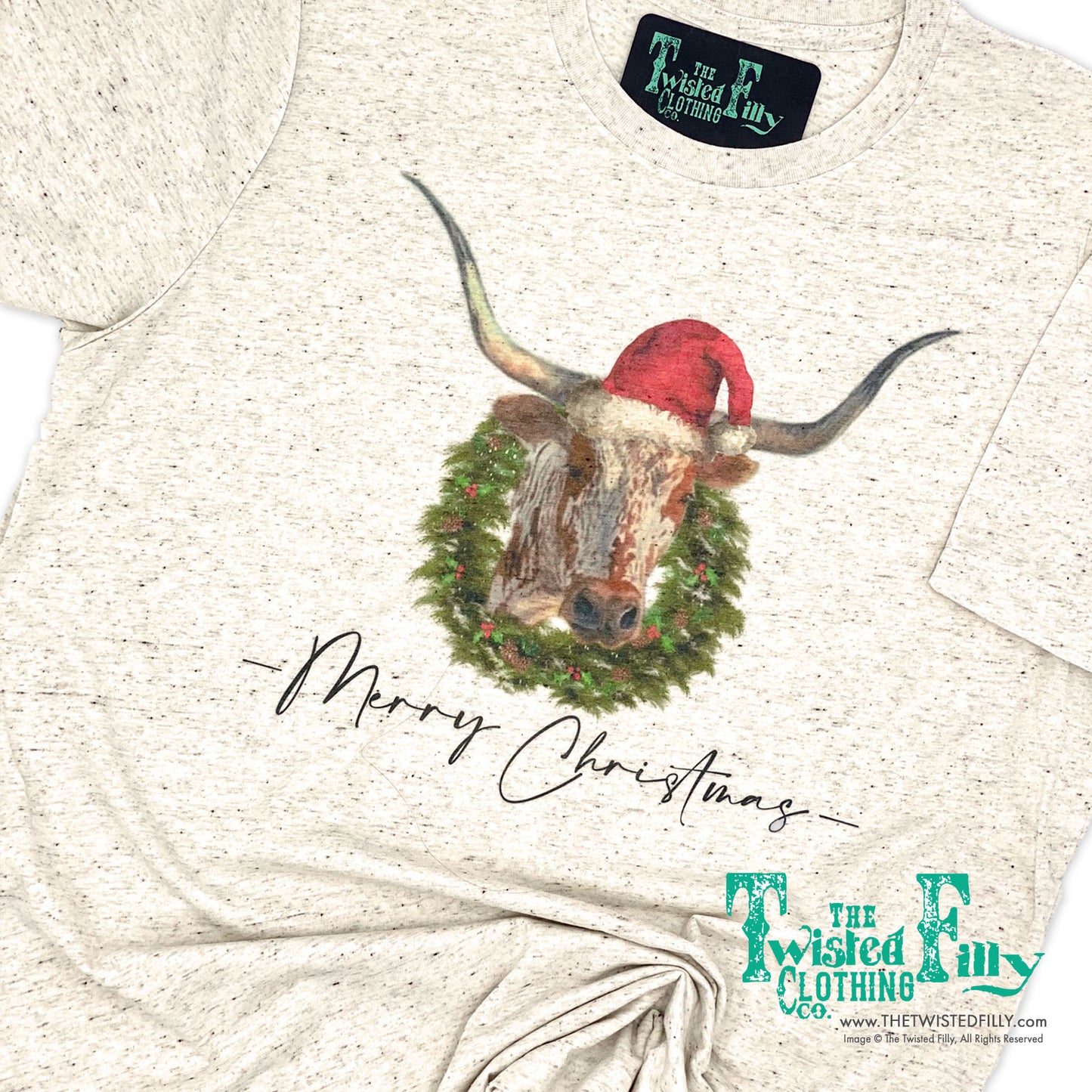 Merry Christmas Longhorn - SS Crew Neck Adult Tee - Oatmeal