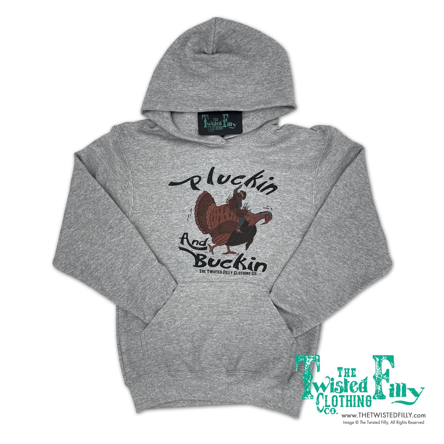Pluckin and Buckin Turkey Bronc COWBOY - Youth Hoodie - Gray