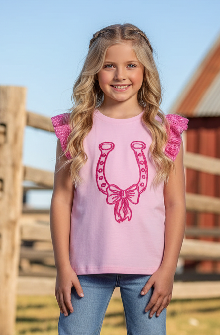 Pink Horse Shoe - Youth Ruffle Eyelet Tee