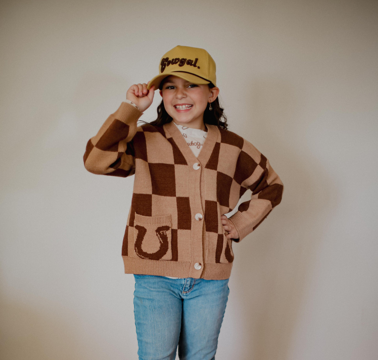 Brown Tan Check Horseshoe - Toddler Cardigan Sweater