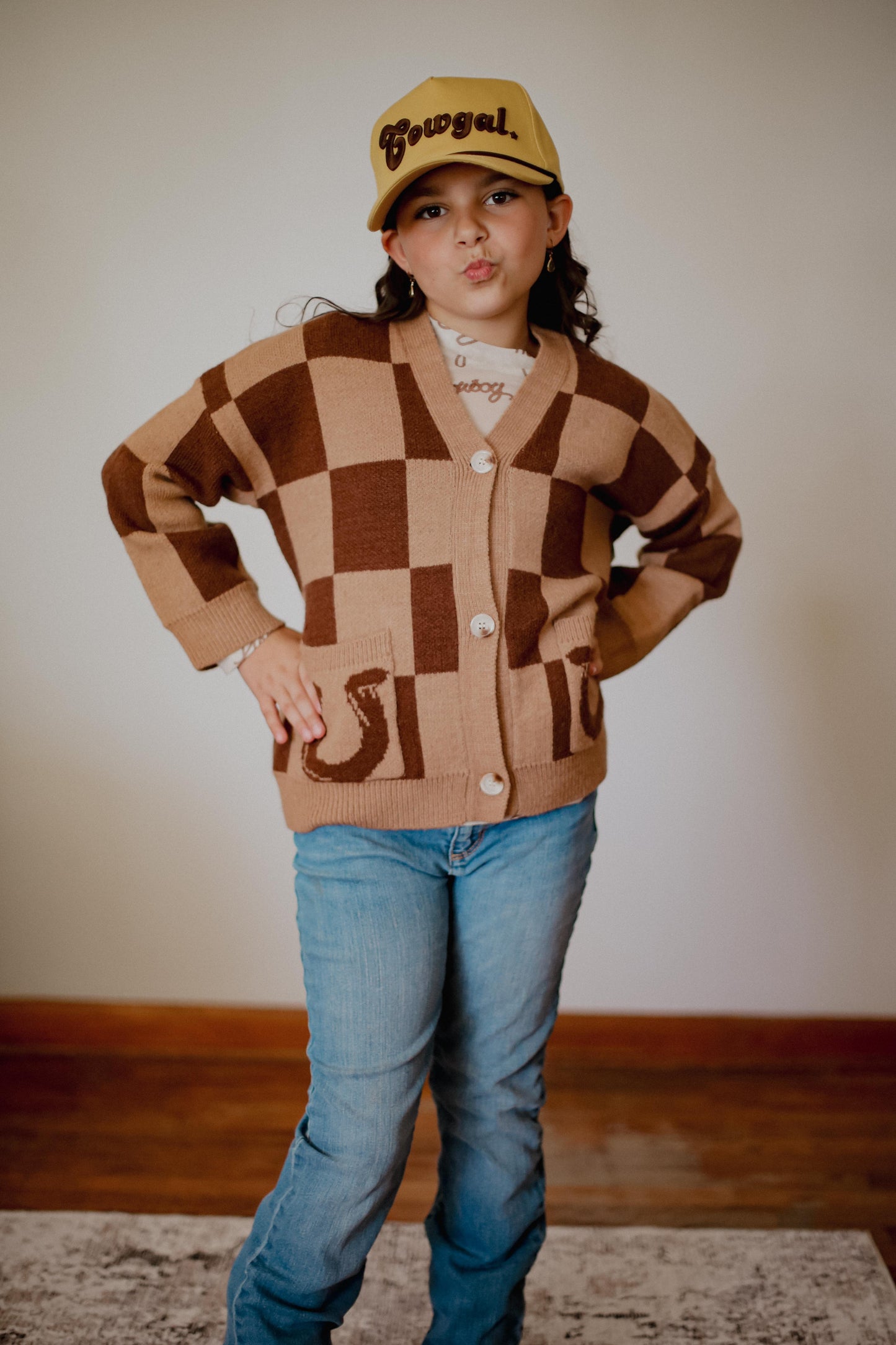 Brown Tan Check Horseshoe - Toddler Cardigan Sweater