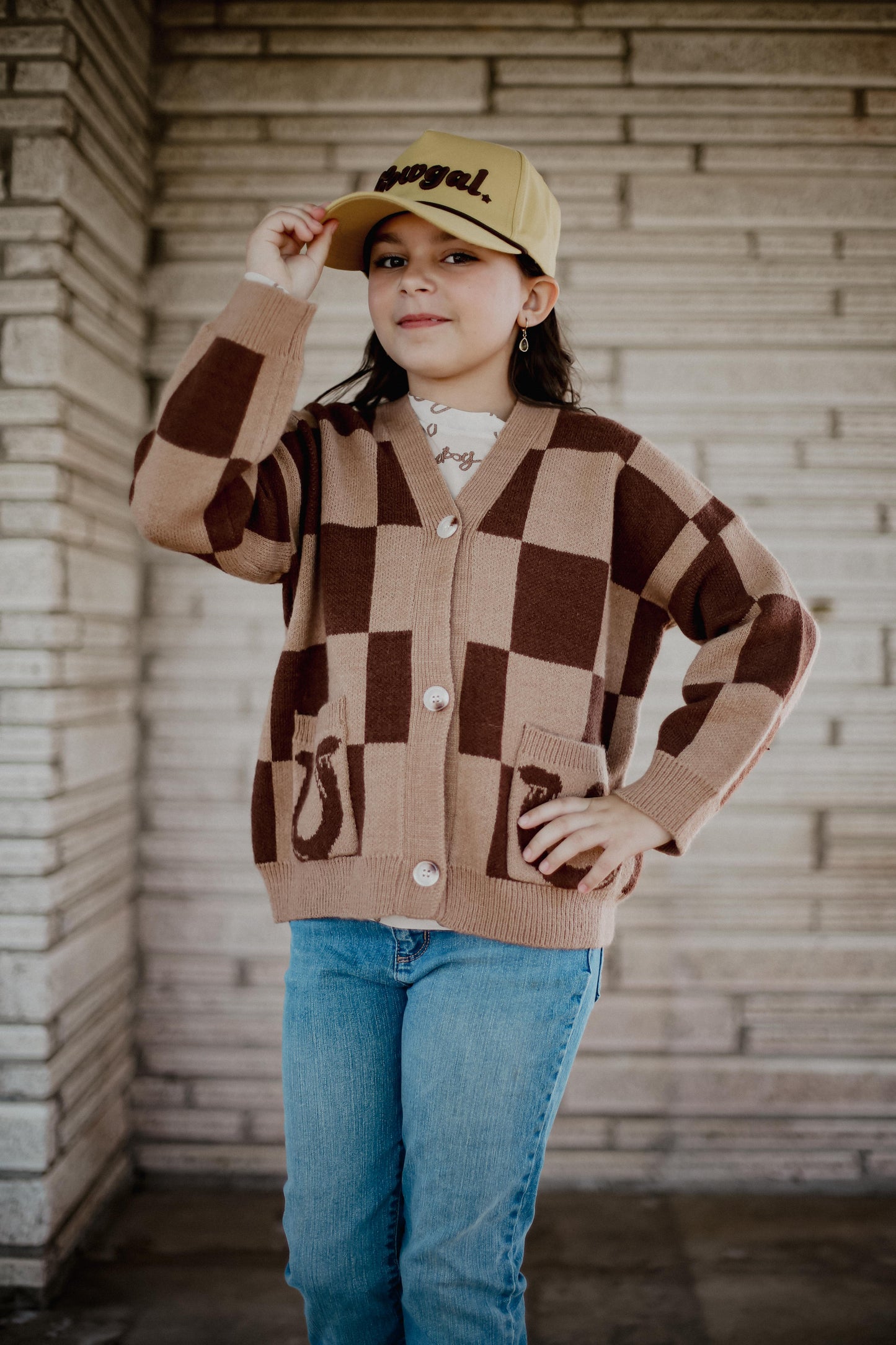 Brown Tan Check Horseshoe - Toddler Cardigan Sweater