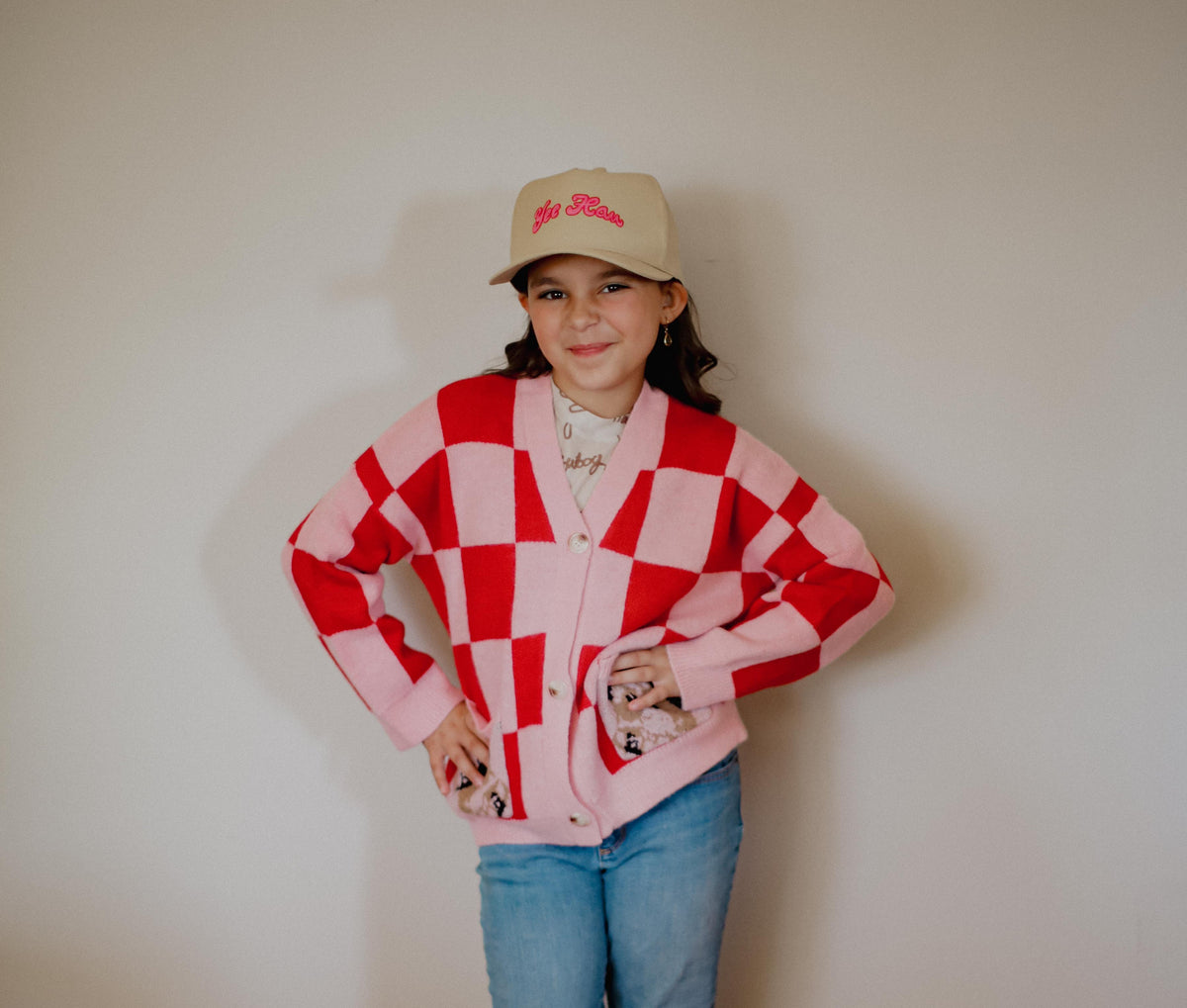 Pink Red Check Horse - Youth Cardigan Sweater - The Twisted Filly