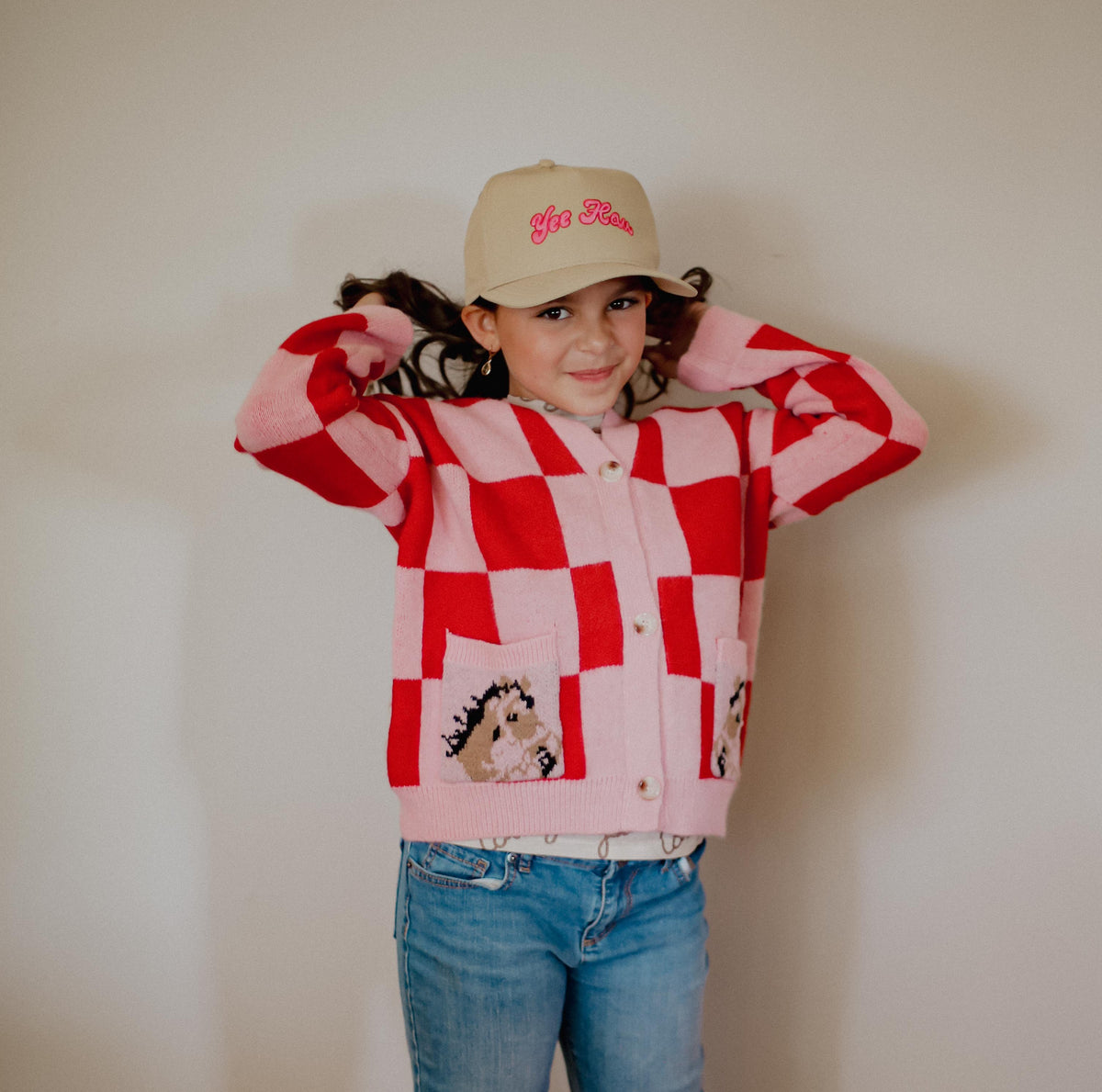 Pink Red Check Horse - Infant Cardigan Sweater - The Twisted Filly