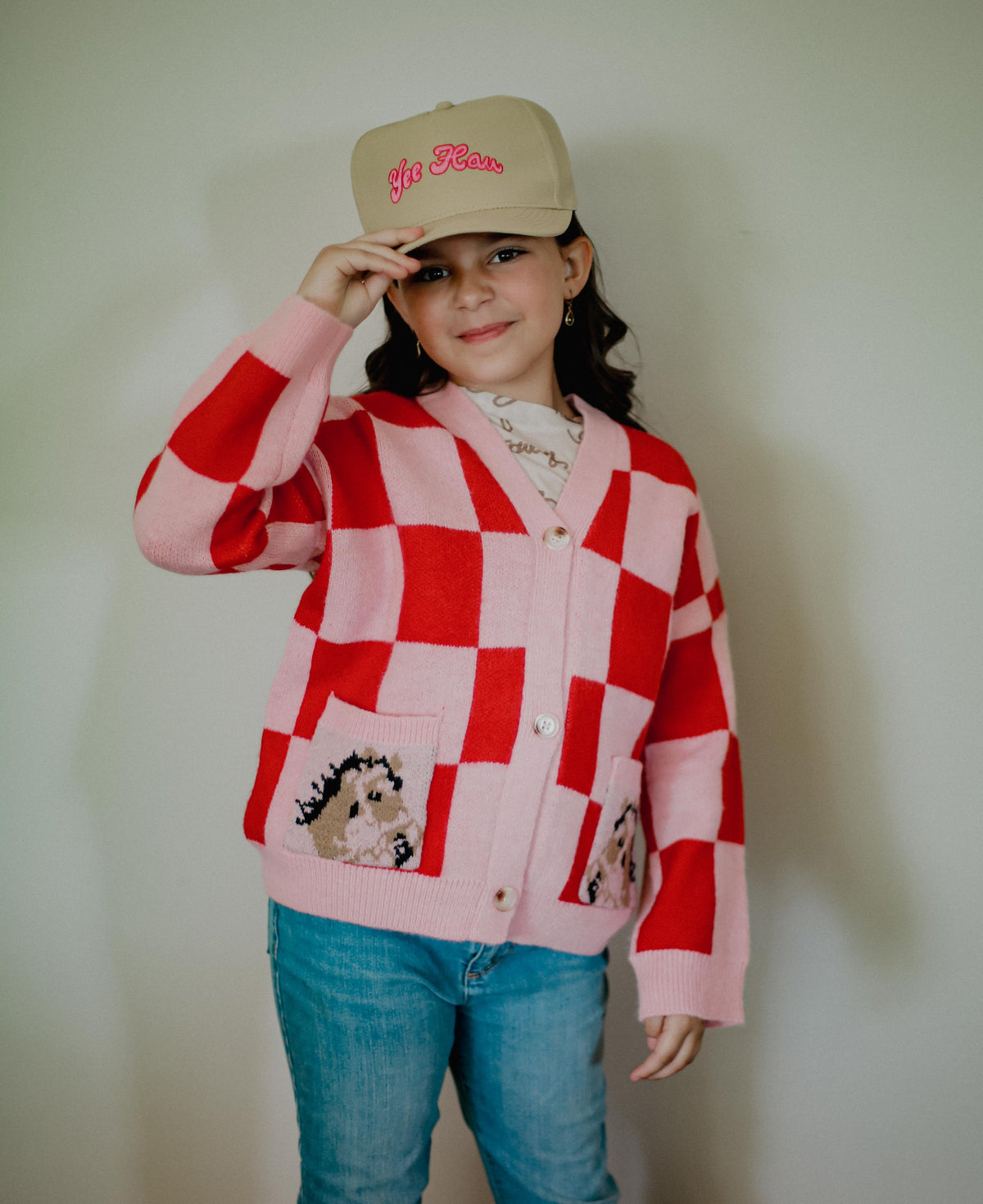 Pink Red Check Horse - Youth Cardigan Sweater - The Twisted Filly