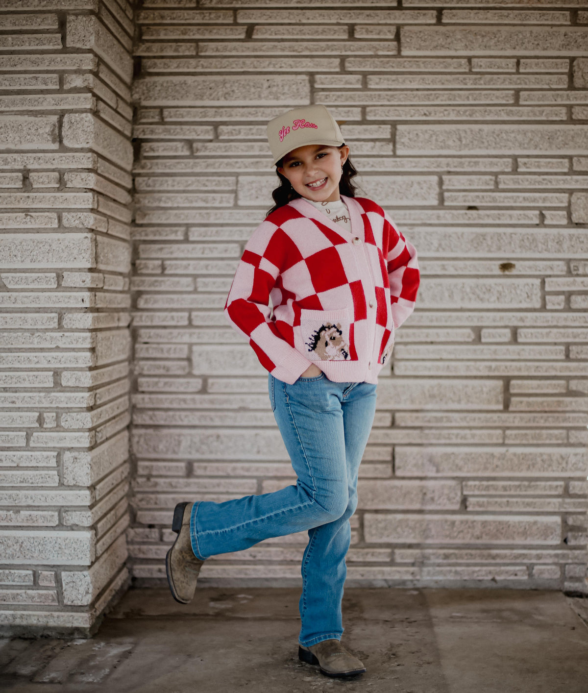 Pink Red Check Horse - Youth Cardigan Sweater - The Twisted Filly