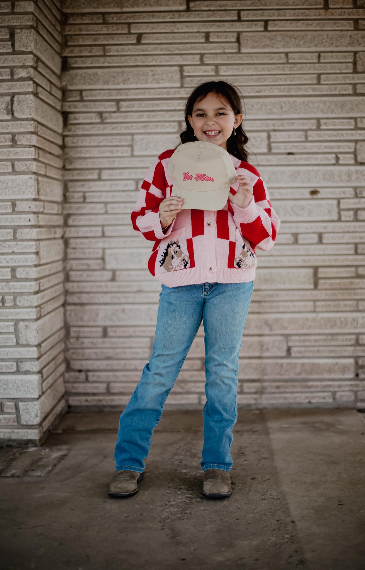 Pink Red Check Horse - Youth Cardigan Sweater - The Twisted Filly