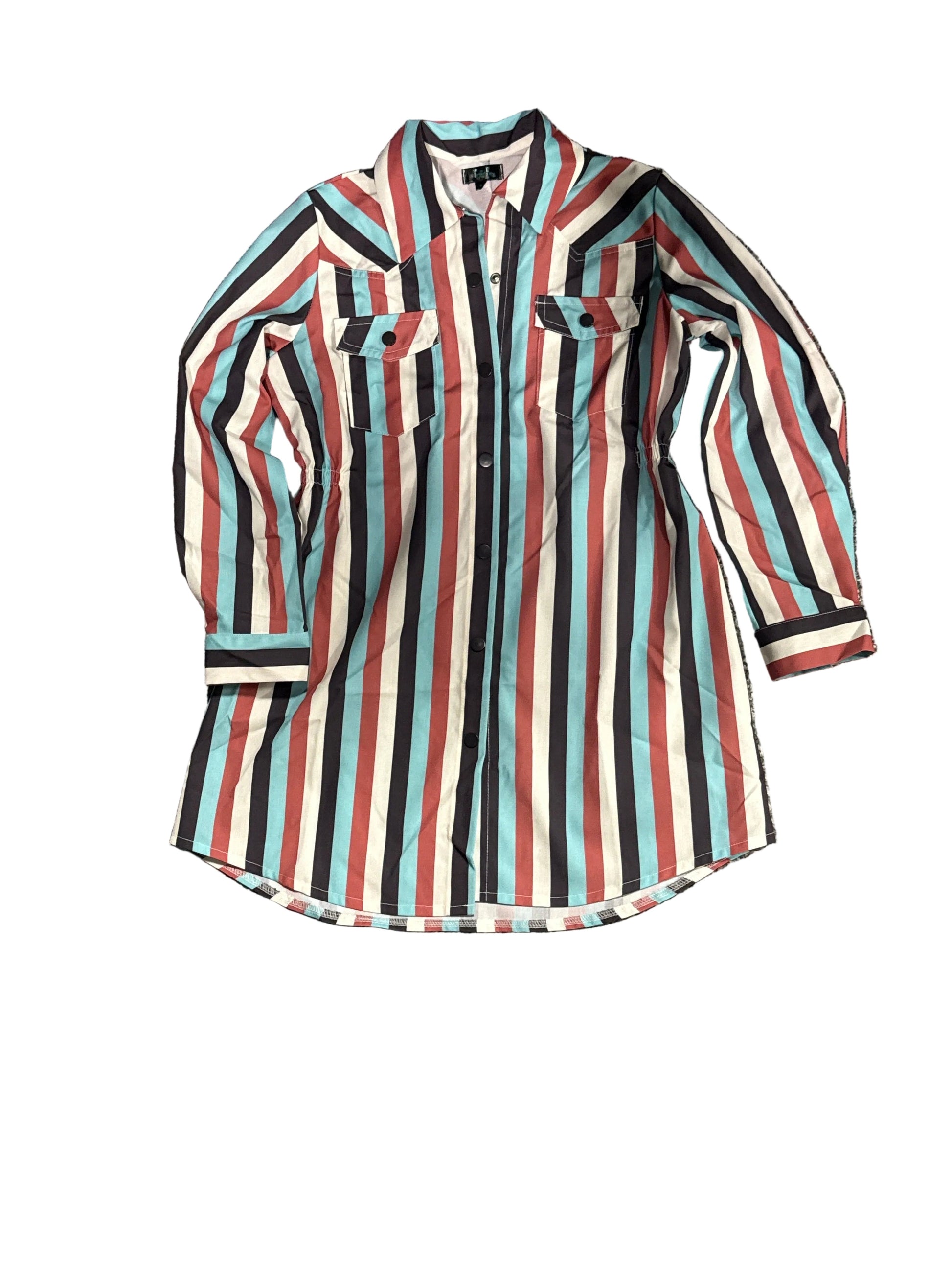 Two women's striped button-front dresses with chest pockets, shown in two sizes on a light beige textured background. The dresses feature vertical stripes in teal, burgundy, rust, and cream.