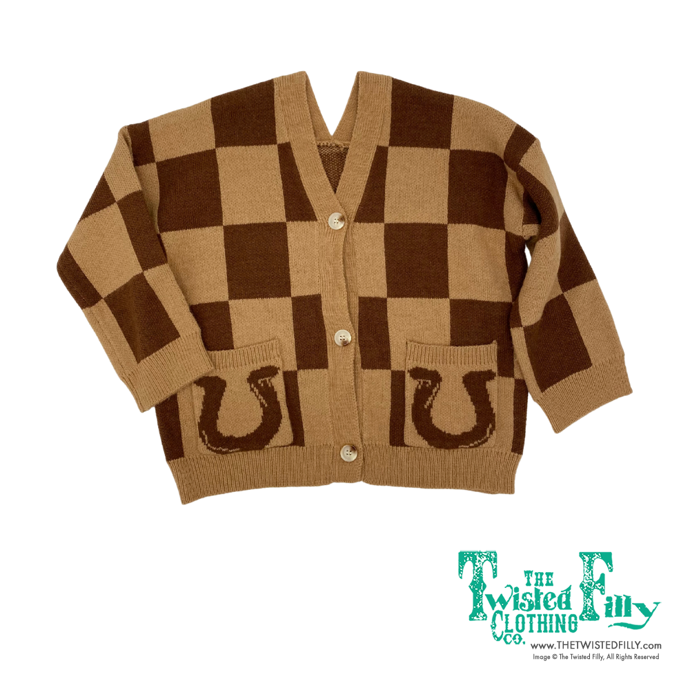 Brown Tan Check Horseshoe - Youth Cardigan Sweater