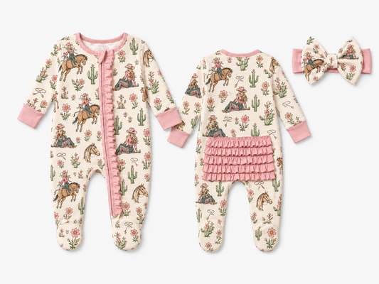 Front and back view infant bamboo sleeper with matching bow, cowgirl and cactus design