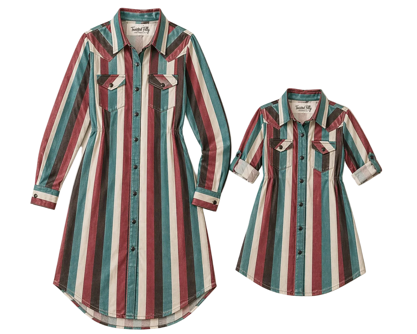 Two women's striped button-front dresses with chest pockets, shown in two sizes on a light beige textured background. The dresses feature vertical stripes in teal, burgundy, rust, and cream.