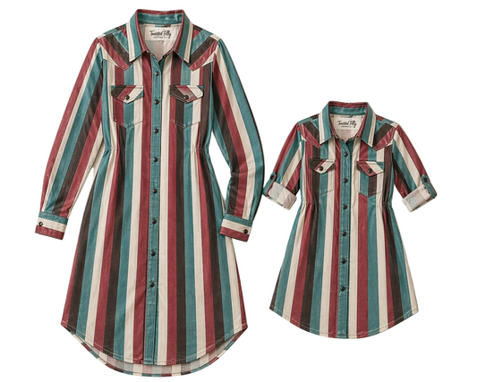Two women's striped button-front dresses with chest pockets, shown in two sizes on a light beige textured background. The dresses feature vertical stripes in teal, burgundy, rust, and cream.