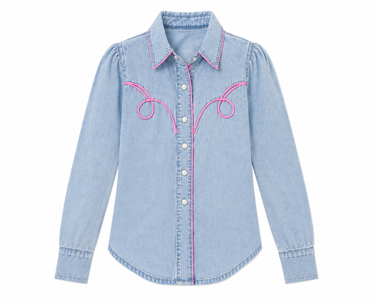 Light blue denim long sleeve pearl snap with pink piping detail