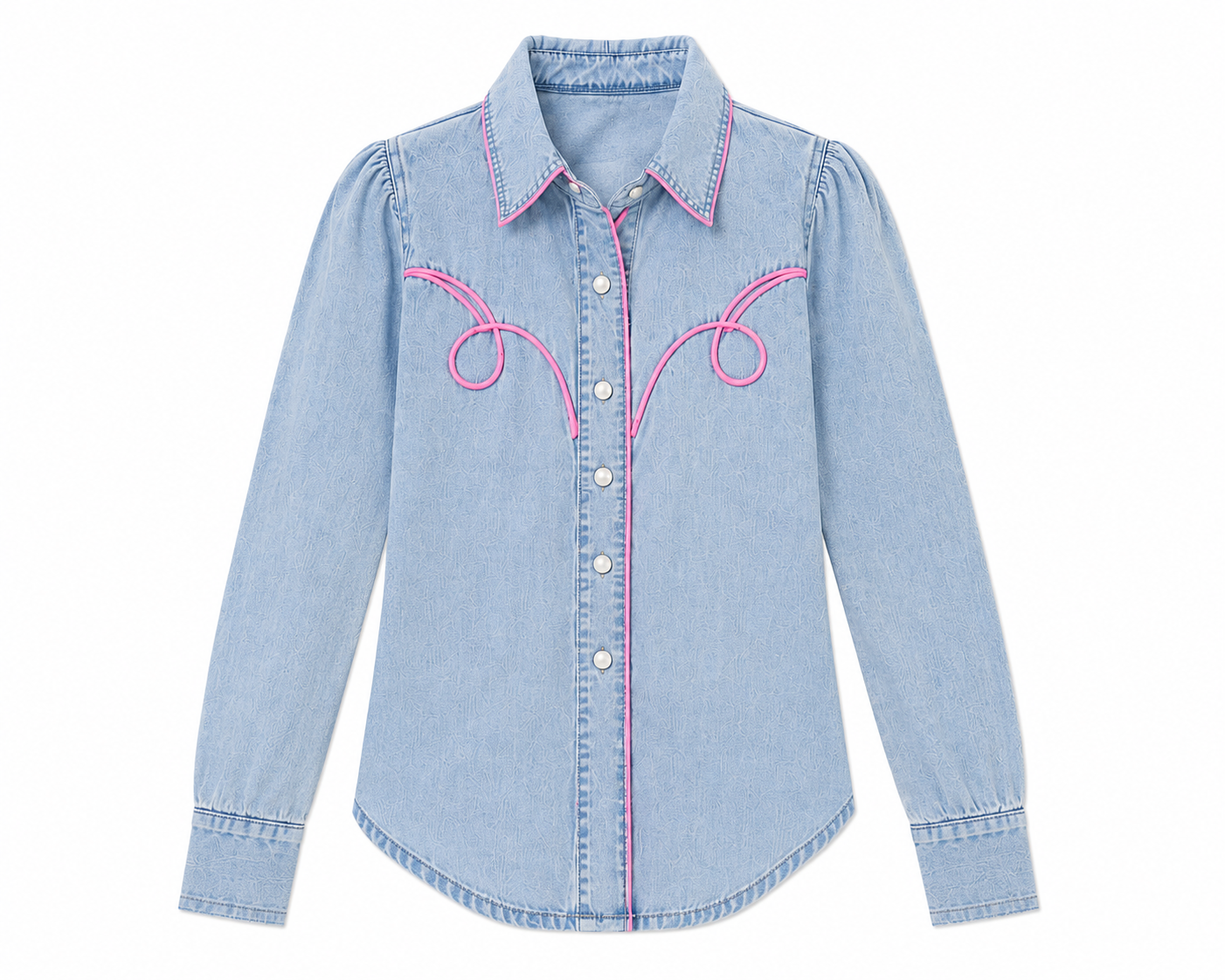 Light blue denim long sleeve pearl snap with pink piping detail