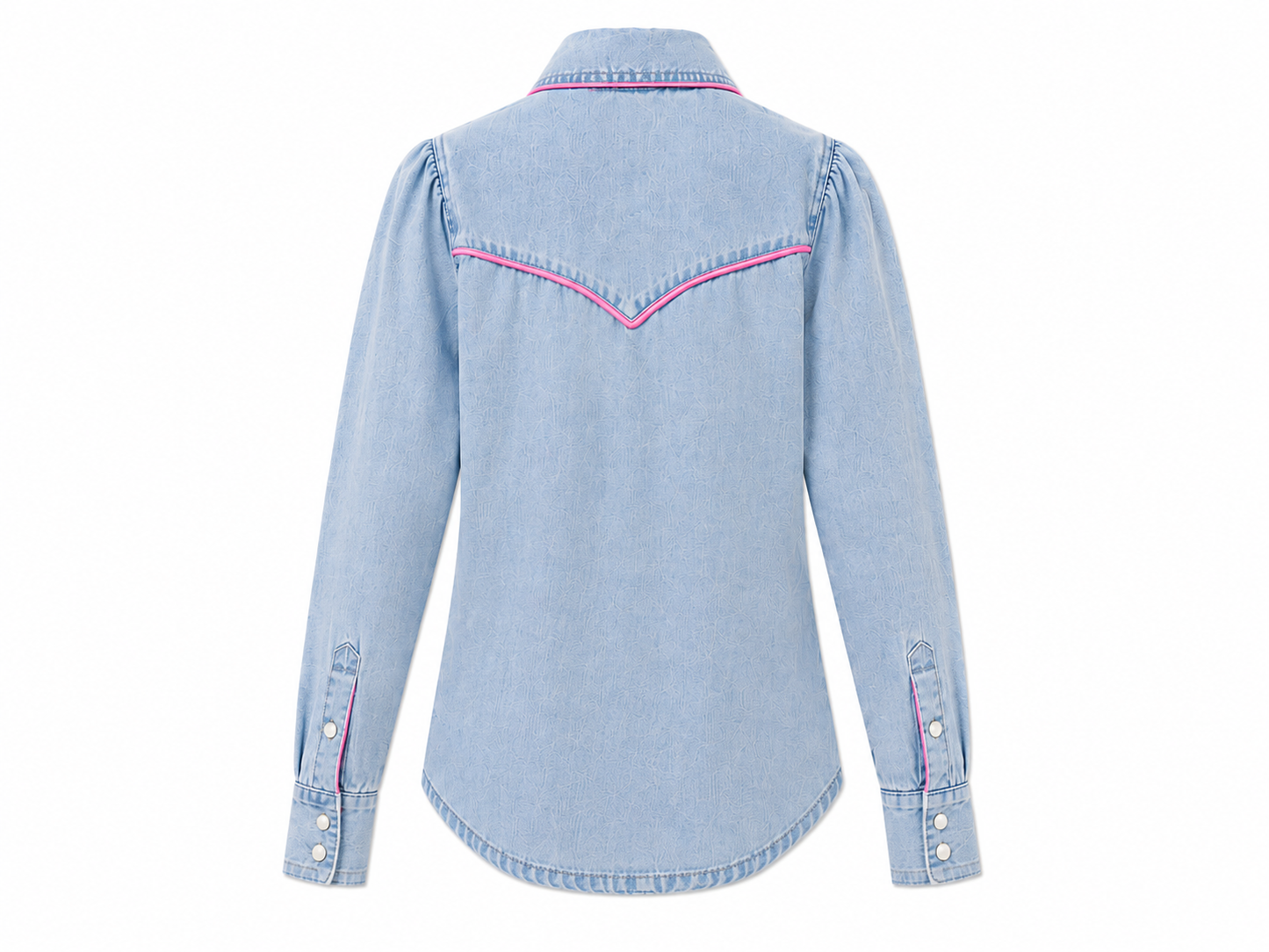 Light Denim Vintage Wash - Women's LS Pink Piping Pearl Snap Shirt - The Twisted Filly