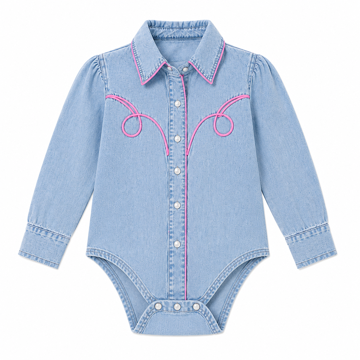 Light blue denim long sleeve pearl snap infant onesie with pink piping detail