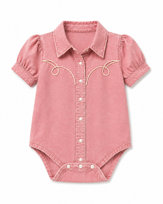Pink Vintage Wash Denim - Infant SS Pearl Snap Onesie
