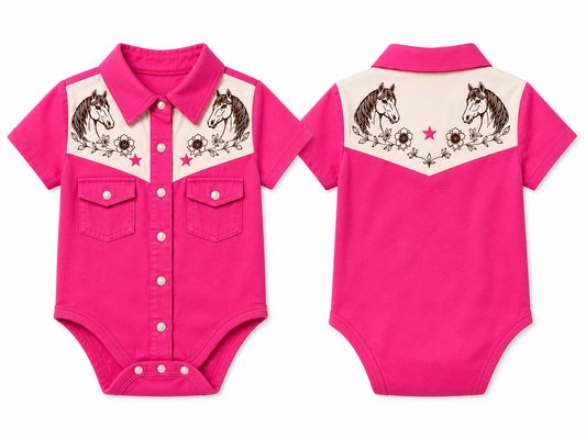 Pink pearl snap onesie with horse design front and back view