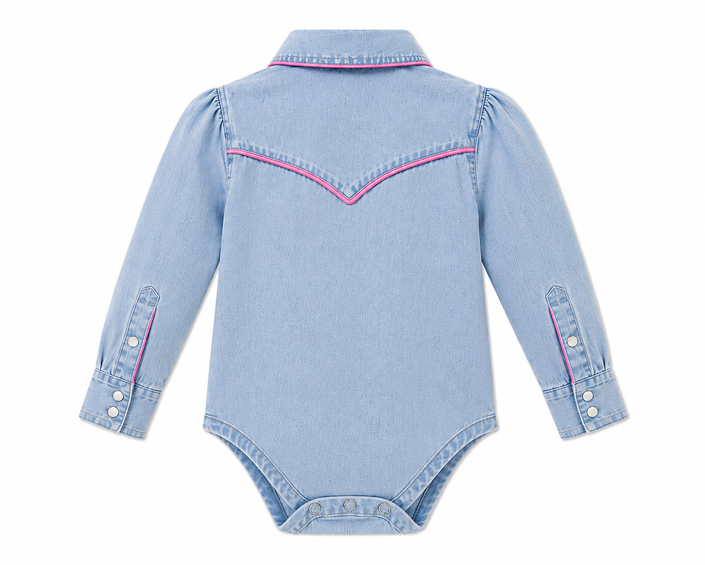 Light Denim Vintage Wash - Infant LS Pink Piping Pearl Snap Onesie - The Twisted Filly