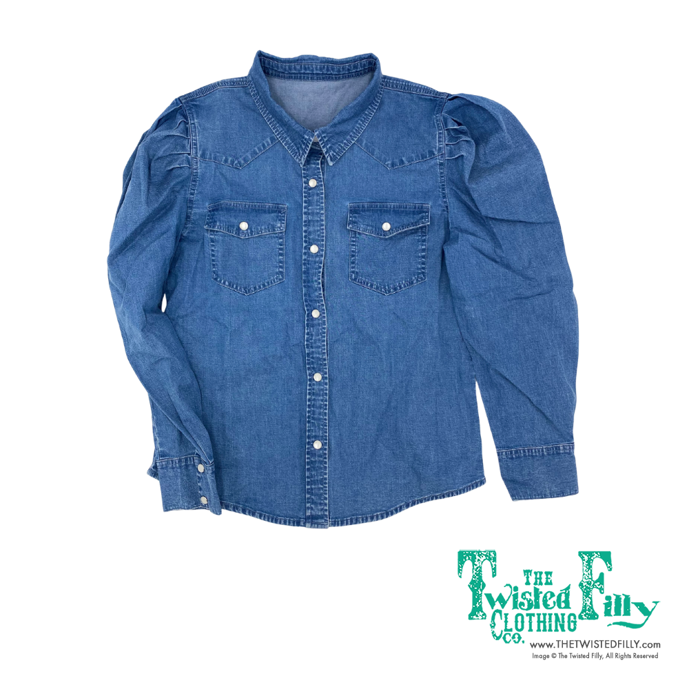 Denim - Youth Puff Sleeve Pearl Snap Shirt