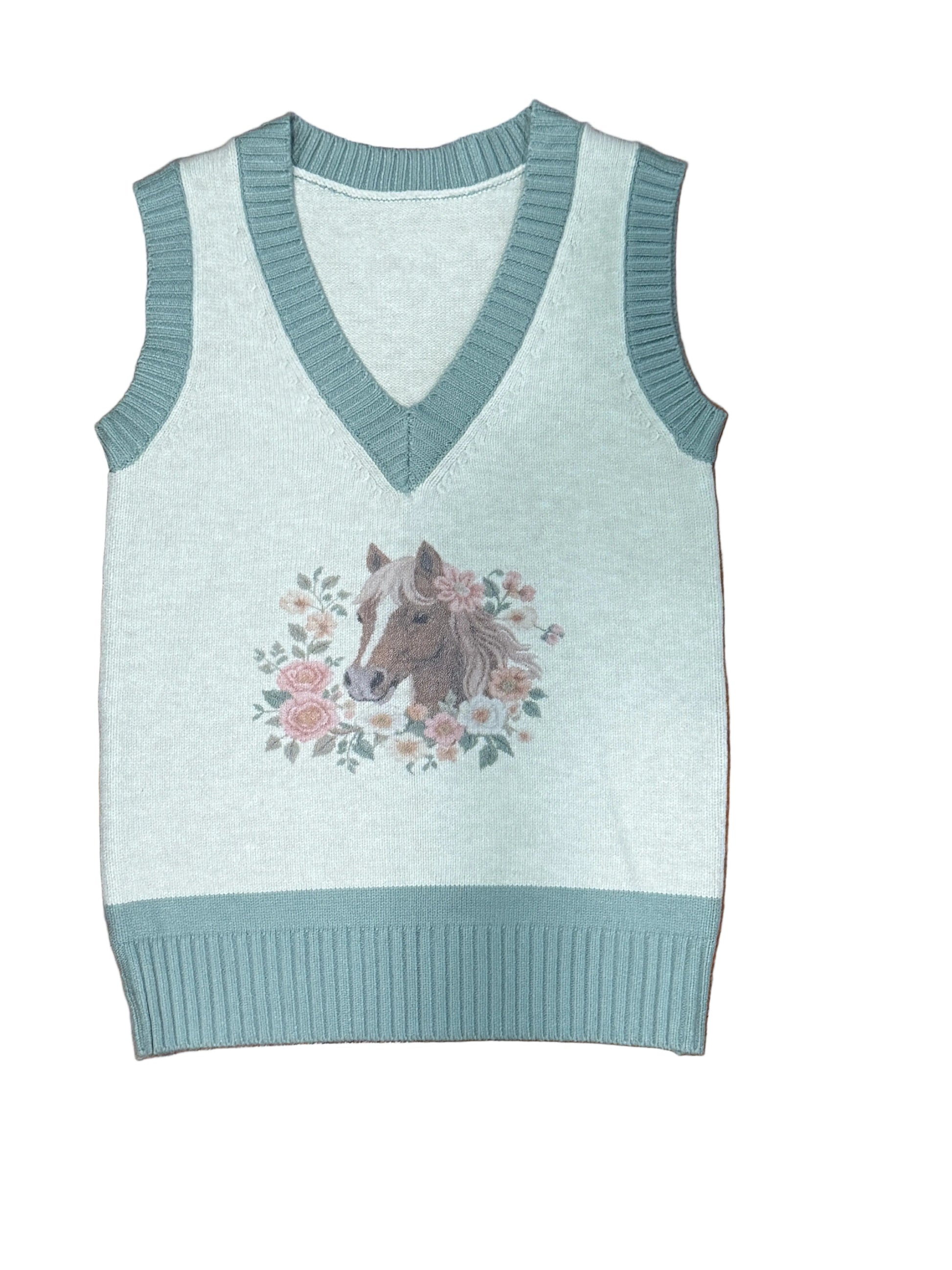 Sage & Cream Floral Horse - Infant Sweater Vest - The Twisted Filly
