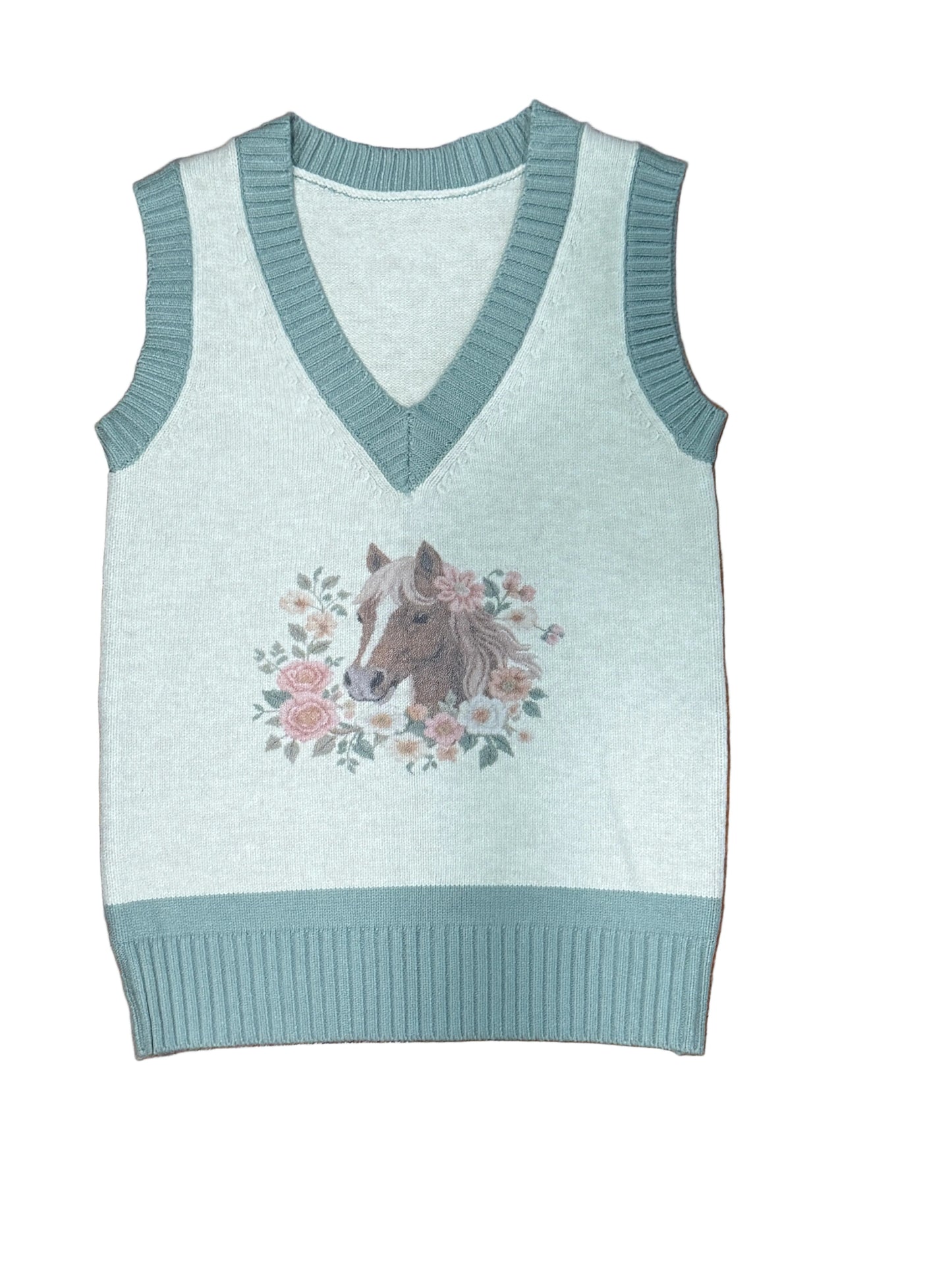 Sage & Cream Floral Horse - Toddler Sweater Vest - The Twisted Filly