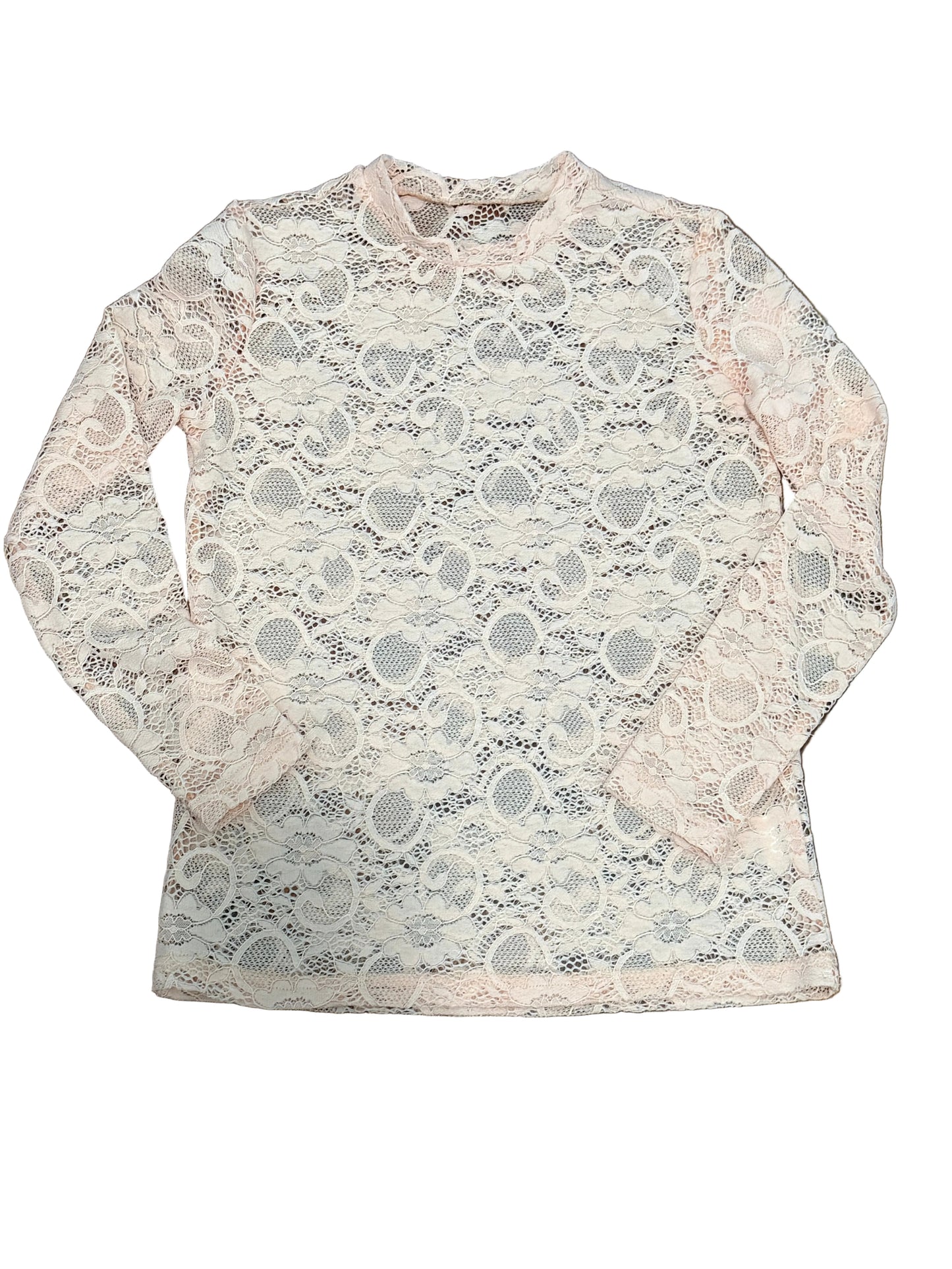 A long-sleeve lace top in pale peach