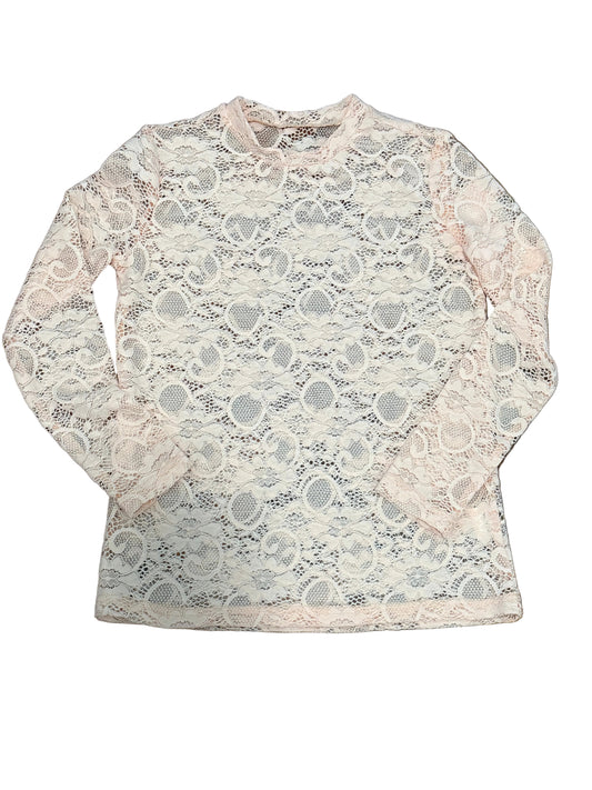 A long-sleeve lace top in pale peach