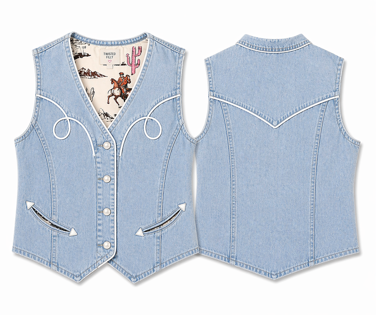 Light Vintage Wash Denim - Toddler Pearl Snap W/ White Piping Vest