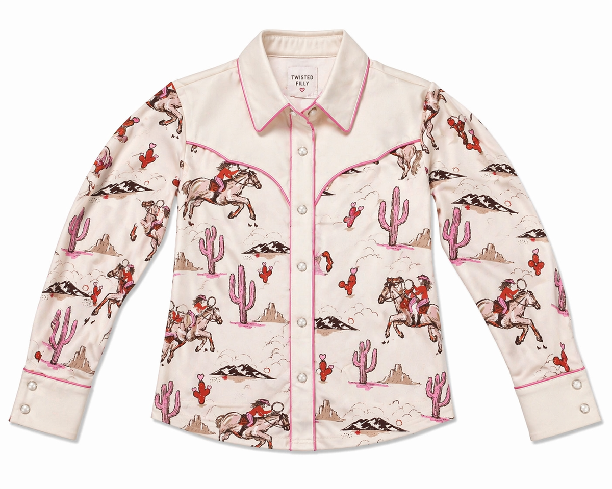Long sleeve cowgirl desert and pink cactus pearl snap with pink piping detail