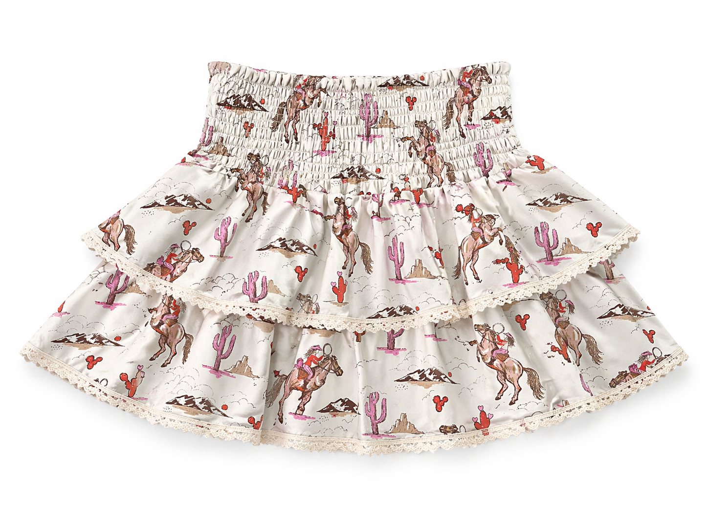 cream colored tiered ruffle cowgirl and pink cactus skort