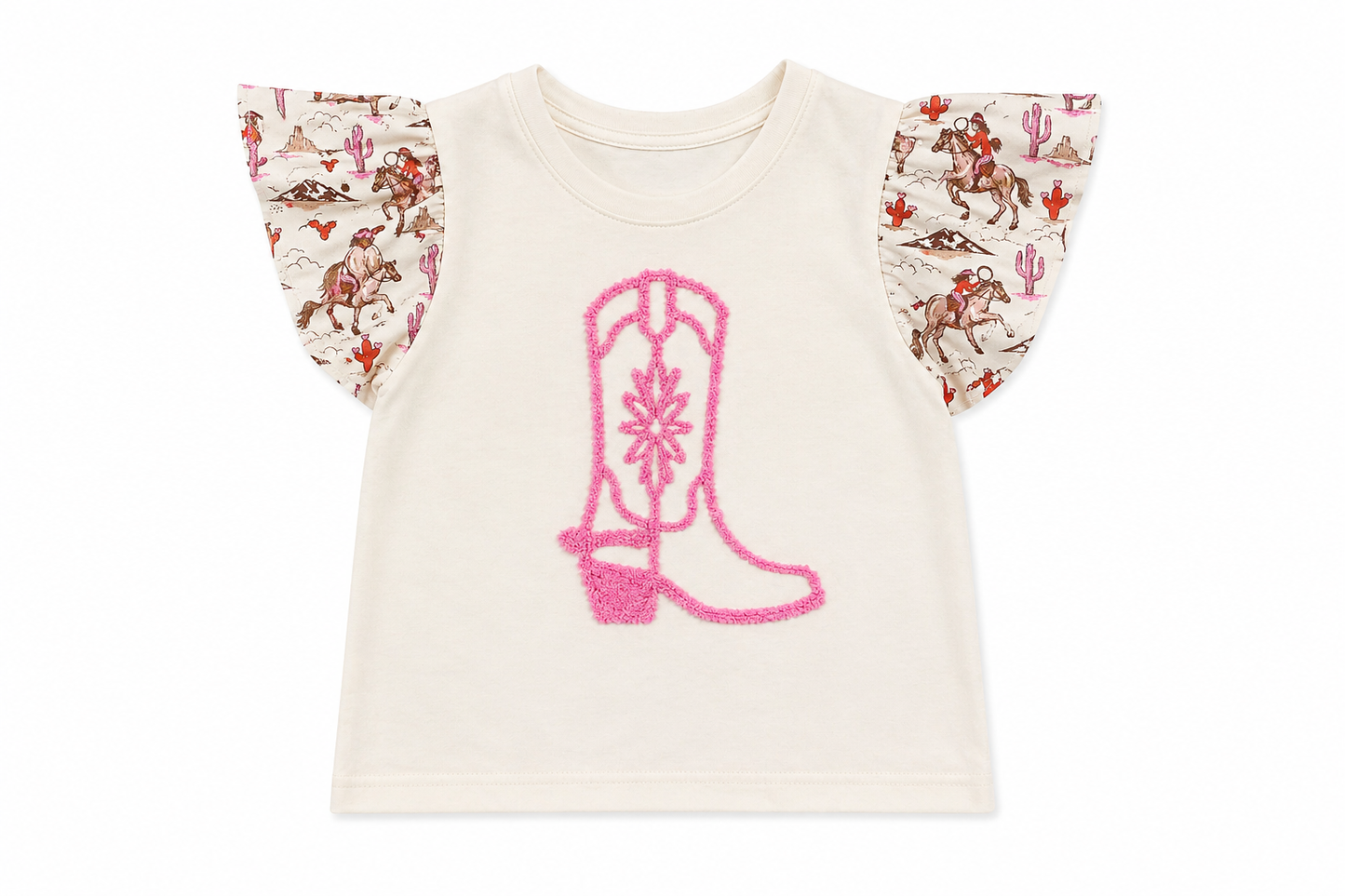 Pink Cowgirl Cactus Pink Boot - Toddler Ruffle Sleeve Eyelet Tee - The Twisted Filly