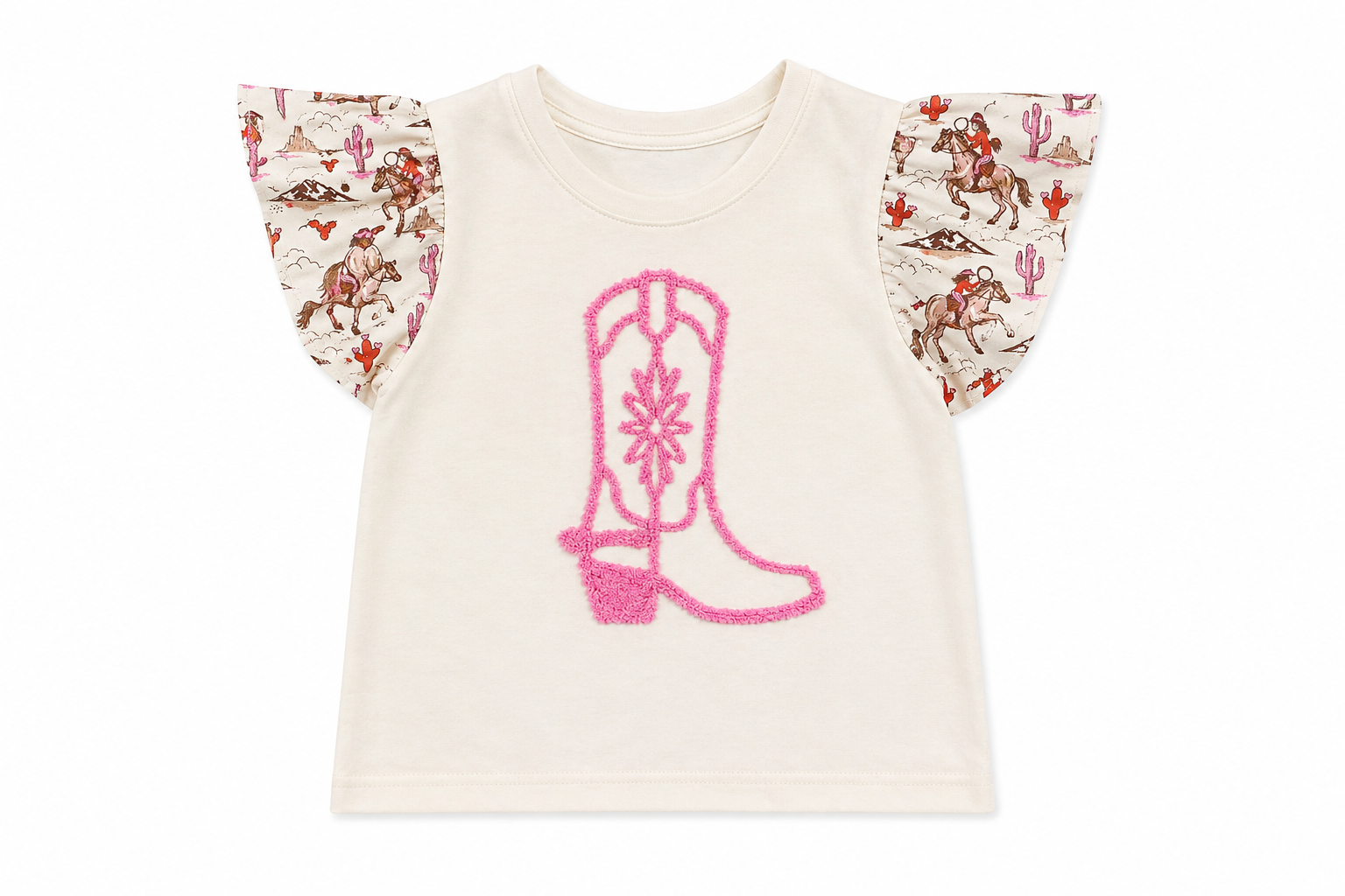 Pink Cowgirl Cactus Pink Boot - Toddler Ruffle Sleeve Eyelet Tee - The Twisted Filly