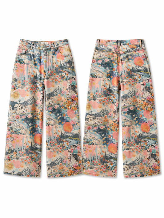 Pink western collage denim barrel pants front and back view