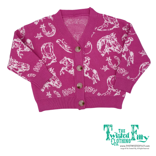 Pink cardigan with white howdy boot western pattern