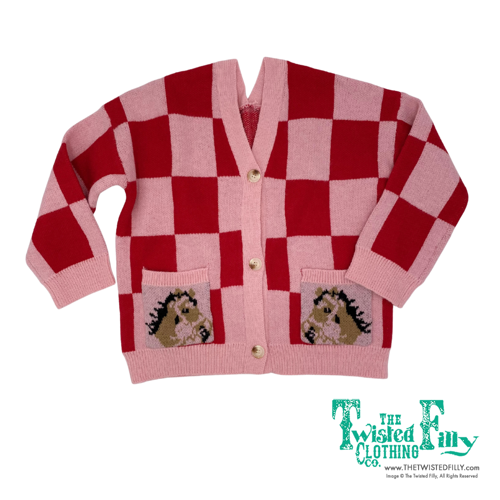 Red and pink checkered cardigan with horse pattern detail on pockets